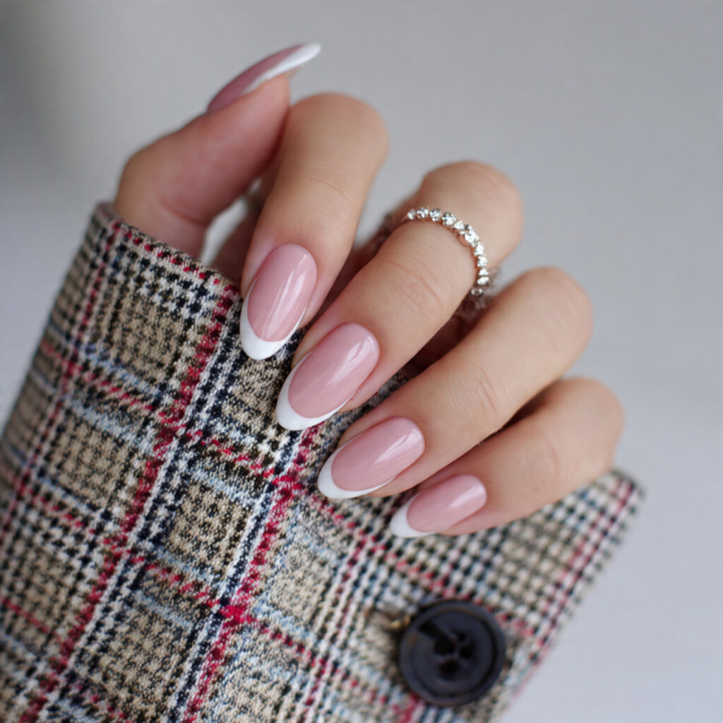 15 Almond Acrylic Nails That Instantly Elevate Your Style (And the Outfits That Look Amazing With Them) 3 french tip almond acrylic nails blazer outfit