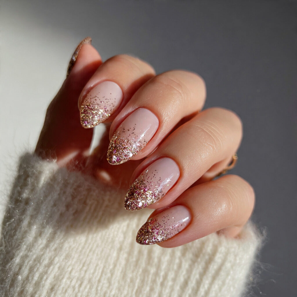 glitter accent short almond nails