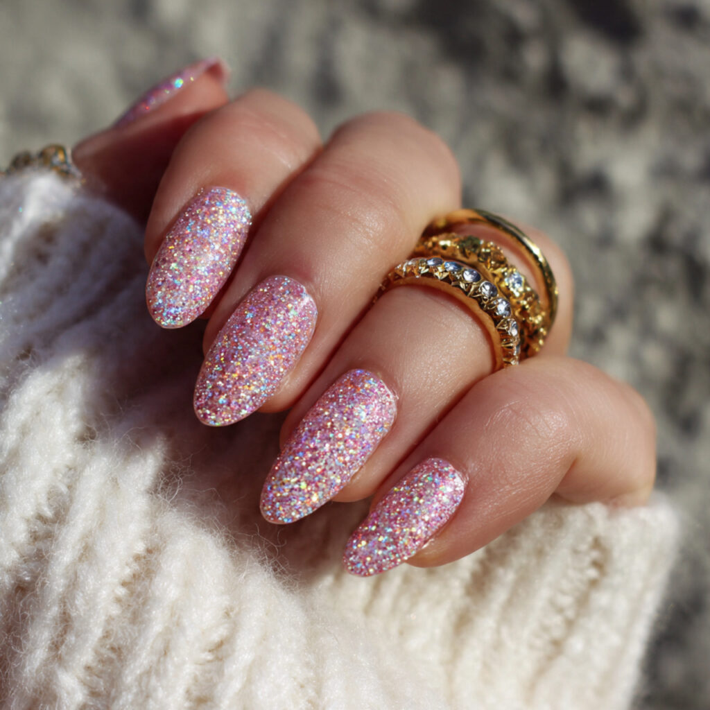 15 Almond Acrylic Nails That Instantly Elevate Your Style (And the Outfits That Look Amazing With Them) 10 glitter almond acrylic nails party outfit