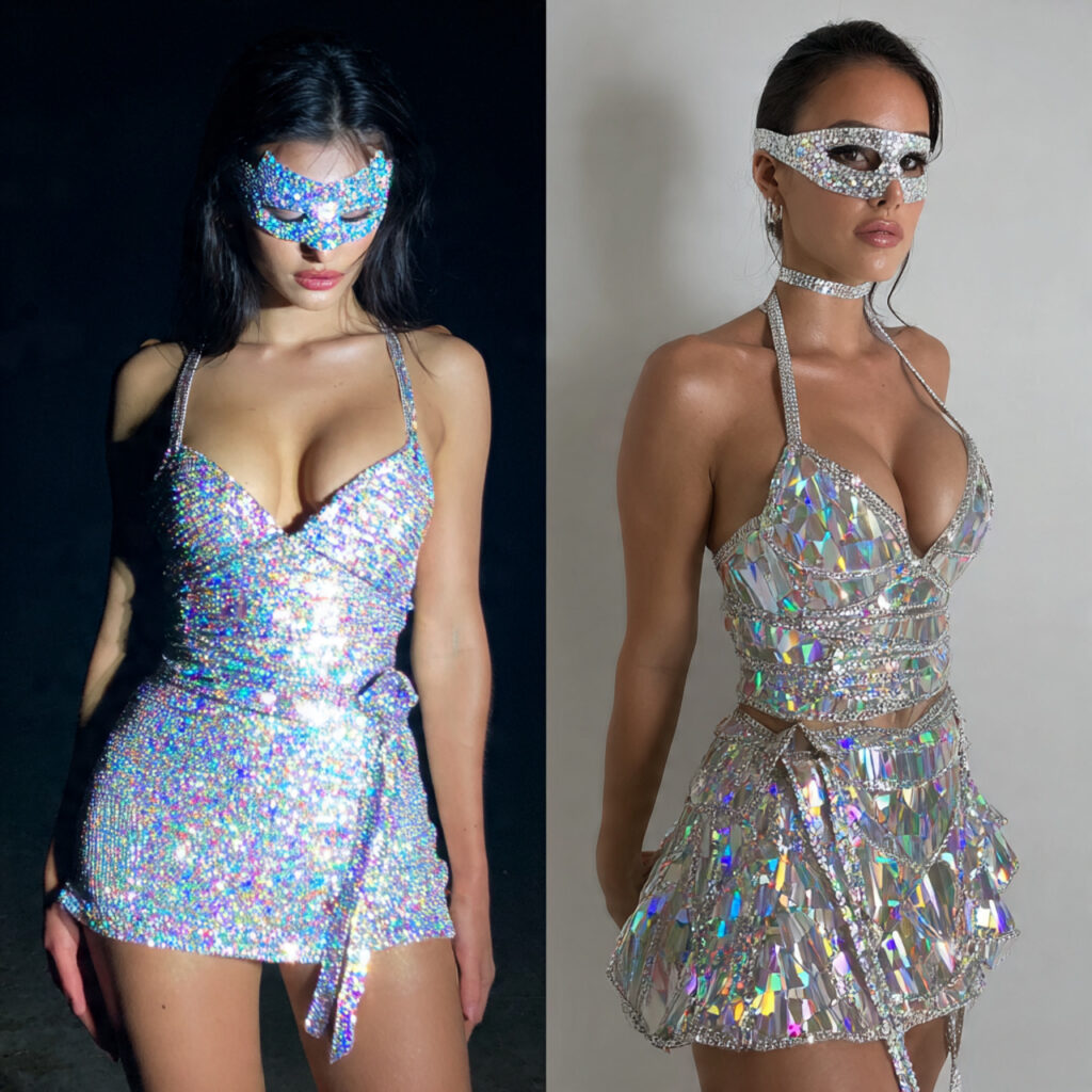 15 Masquerade Outfit Ideas That Will Make You the Most Mysterious (and Stylish) Person at the Ball 15 glitter mini dress crystal mask