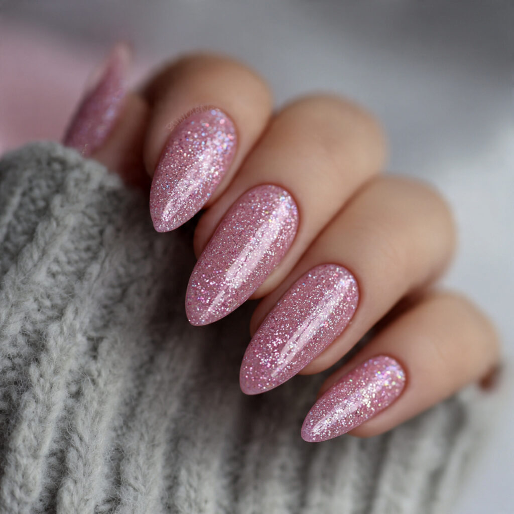 13 Pink Almond Nails That Are Cute, Classy, and Seriously Hard to Stop Staring At 5 glitter pink almond nails