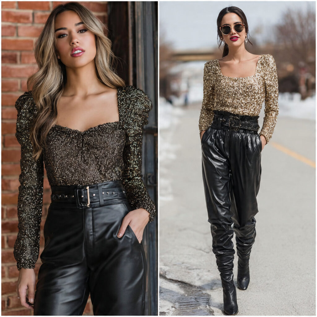 14 Birthday Outfit Ideas for Women That Will Make You Feel Like the Main Character 7 glitter top leather pants for birthday outfit idea