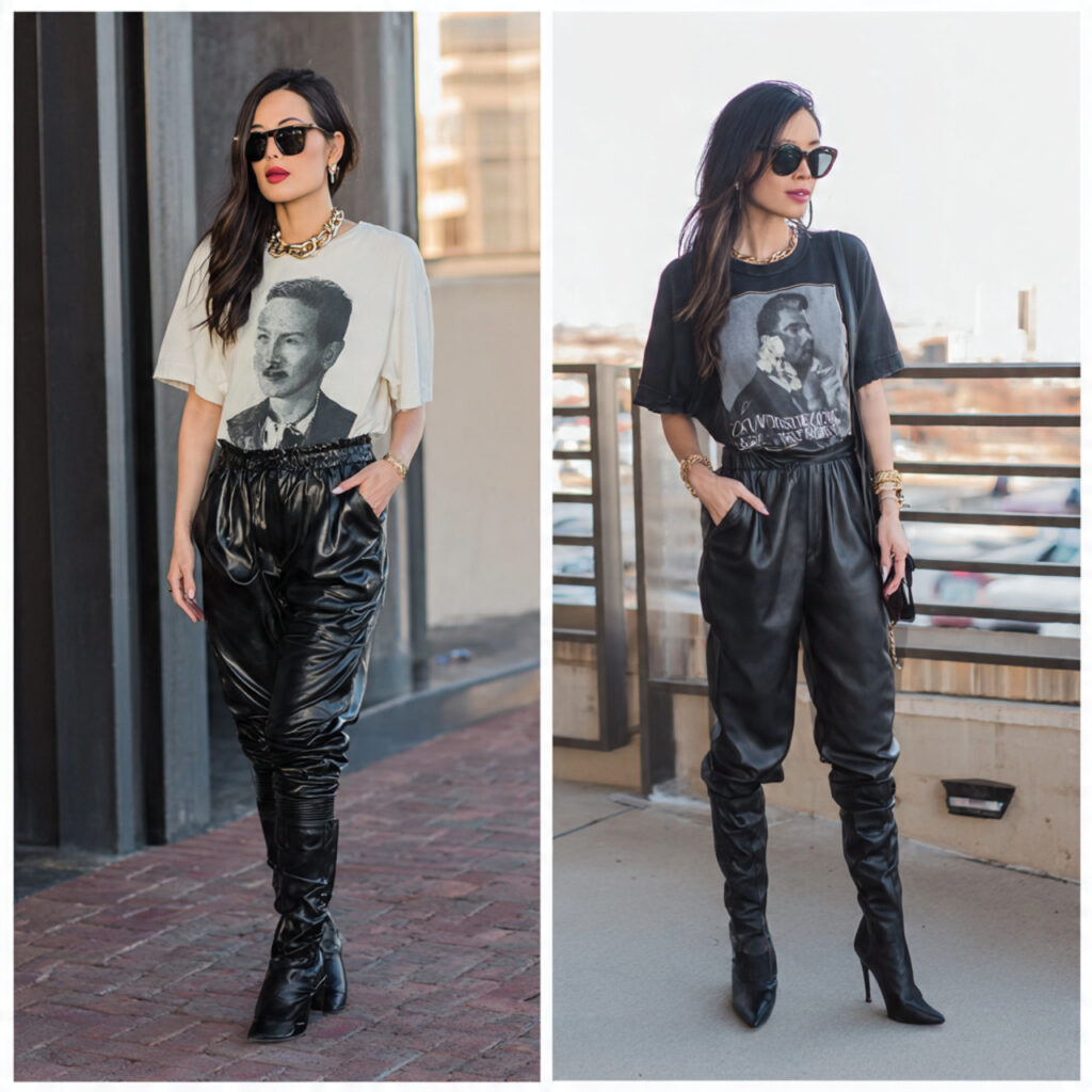 graphic tee leather pants outfits for women