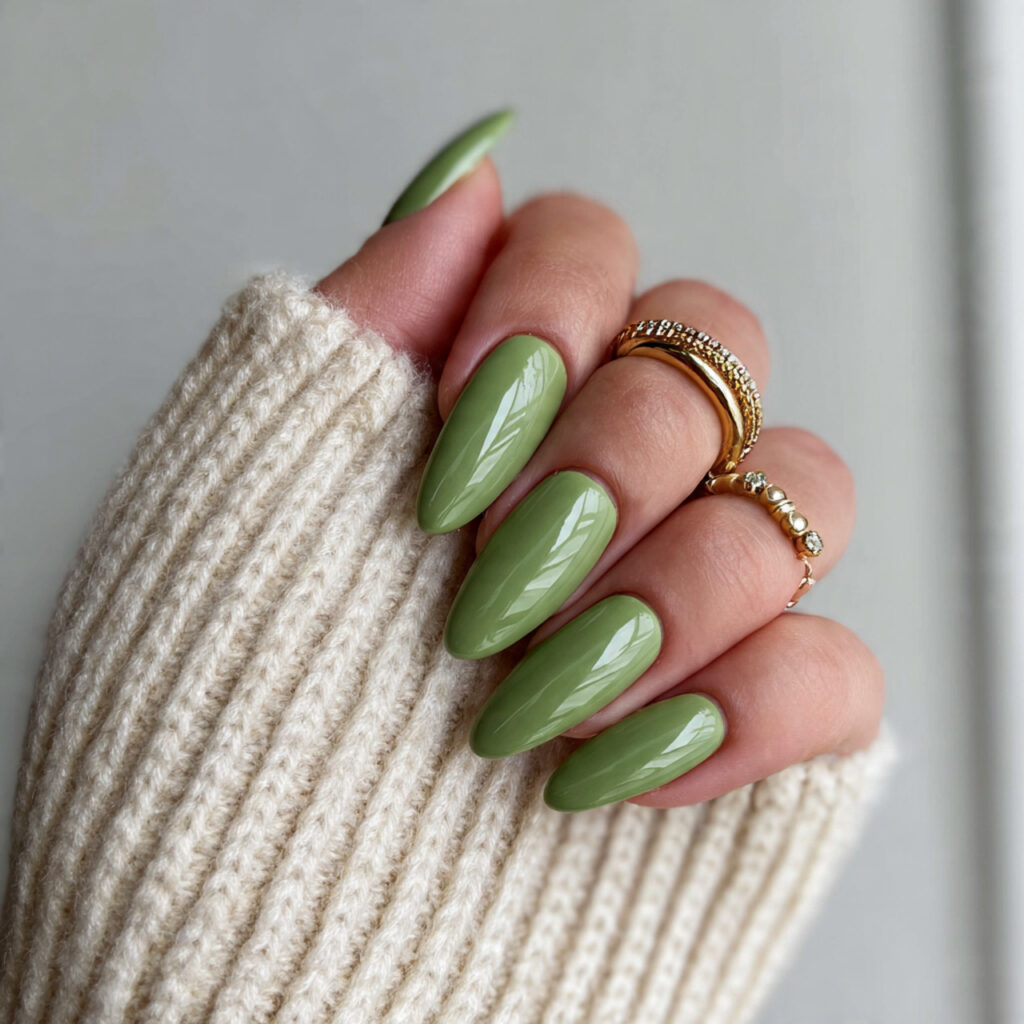 15 Almond Acrylic Nails That Instantly Elevate Your Style (And the Outfits That Look Amazing With Them) 13 green almond acrylic nails trendy street look