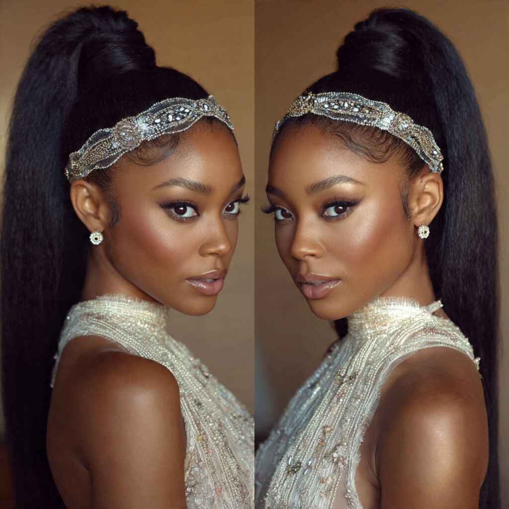 high ponytail with a headband