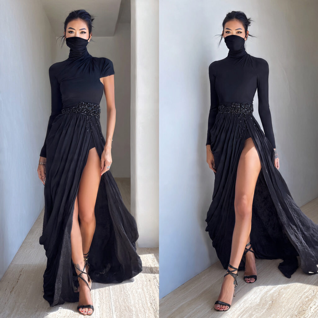 15 Masquerade Outfit Ideas That Will Make You the Most Mysterious (and Stylish) Person at the Ball 8 high slit dress statement mask