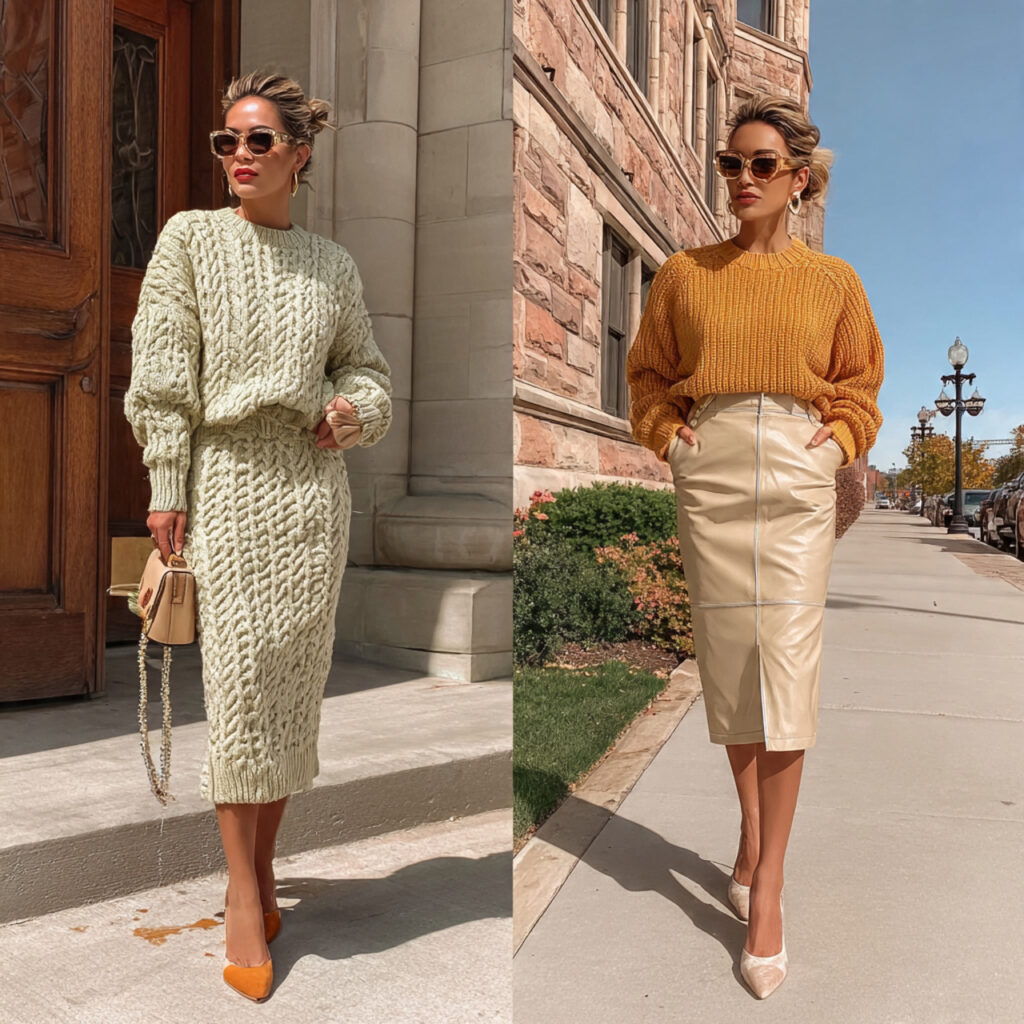 knit sweater midi skirt outfits for women