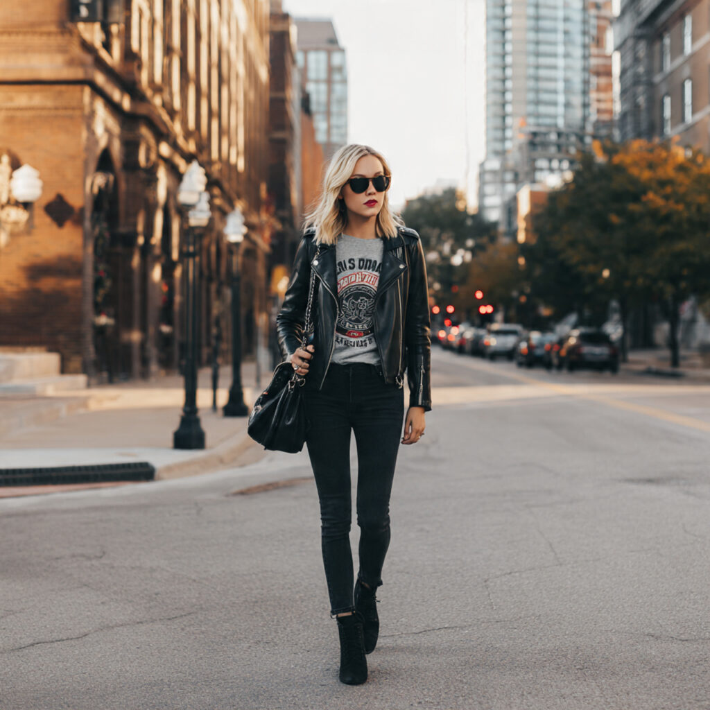 leather jacket graphic tee black jeans for fall ou