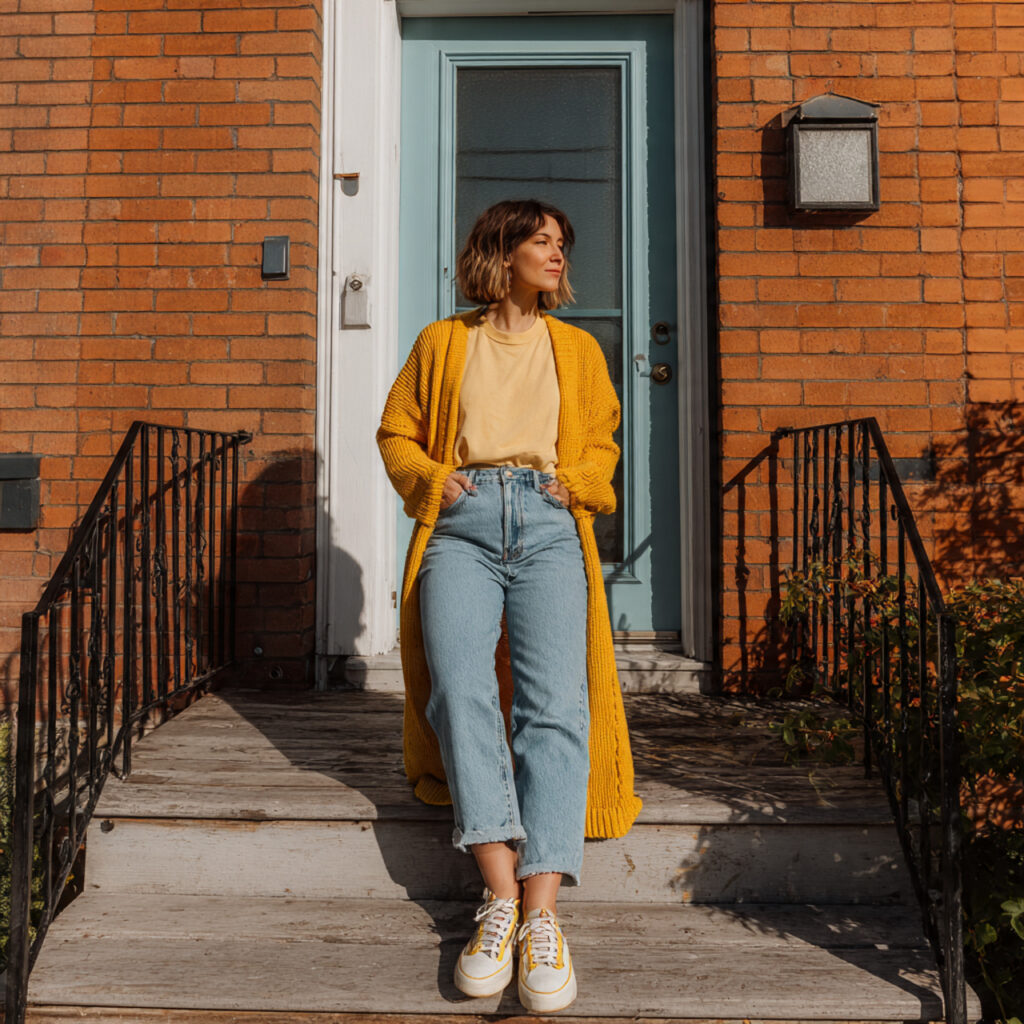 long cardigan basic tee mom jeans