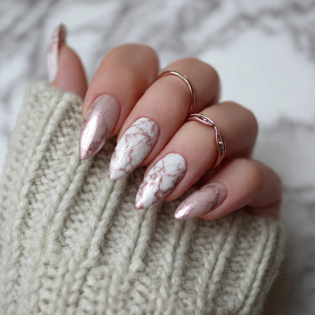 15 Almond Acrylic Nails That Instantly Elevate Your Style (And the Outfits That Look Amazing With Them) 11 marble almond acrylic nails elegant outfit
