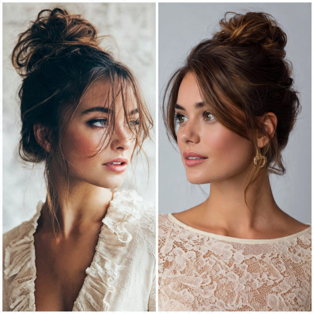 14 Updo Hairstyles Ideas That Instantly Make You Look Put-Together (Even on Lazy Hair Days) 3 messy top knot with updo hairstyles