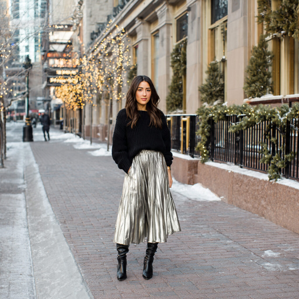 metallic skirt black sweater for christmas outfit