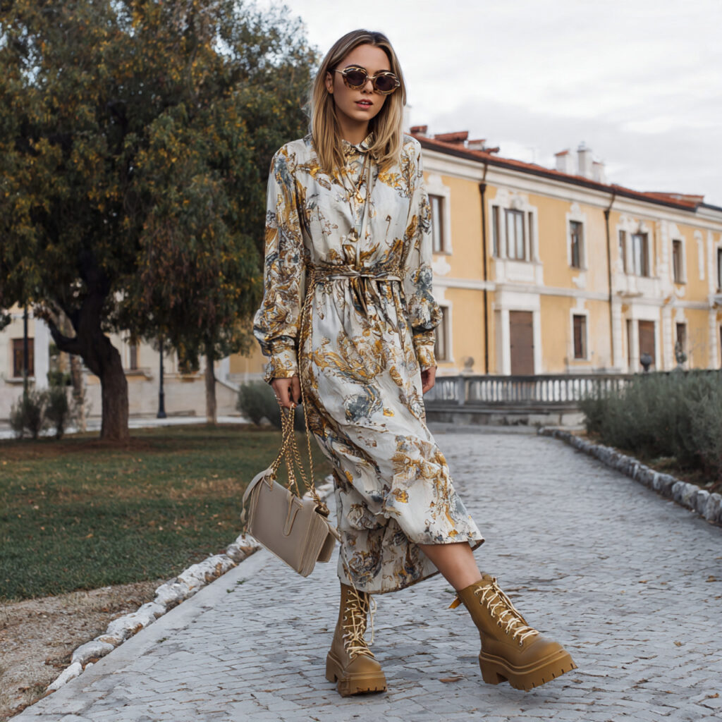 midi dress chunky boots for women