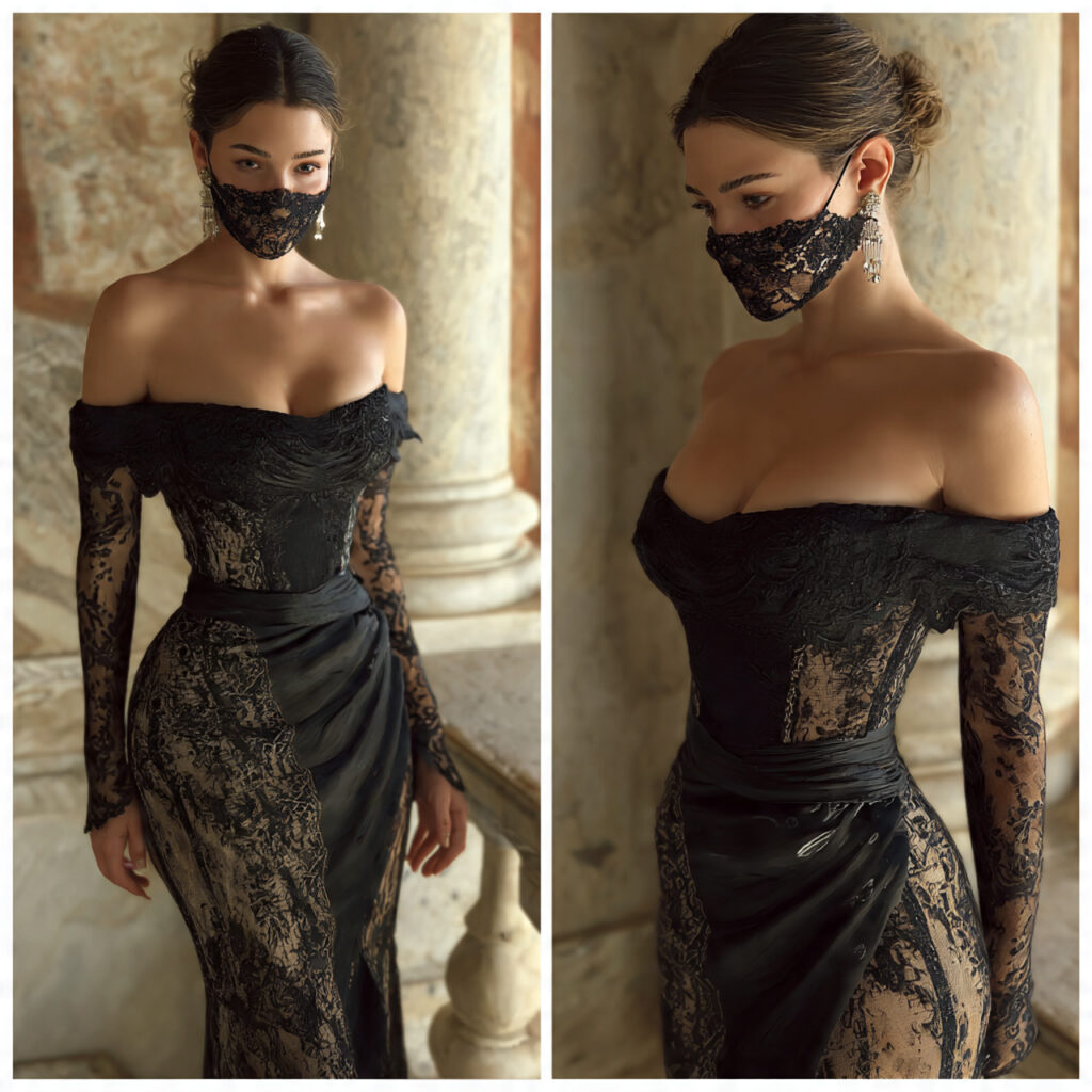 15 Masquerade Outfit Ideas That Will Make You the Most Mysterious (and Stylish) Person at the Ball 7 off shoulder gown lace mask
