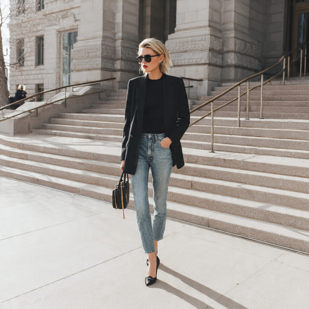 oversized blazer straight leg jeans for women