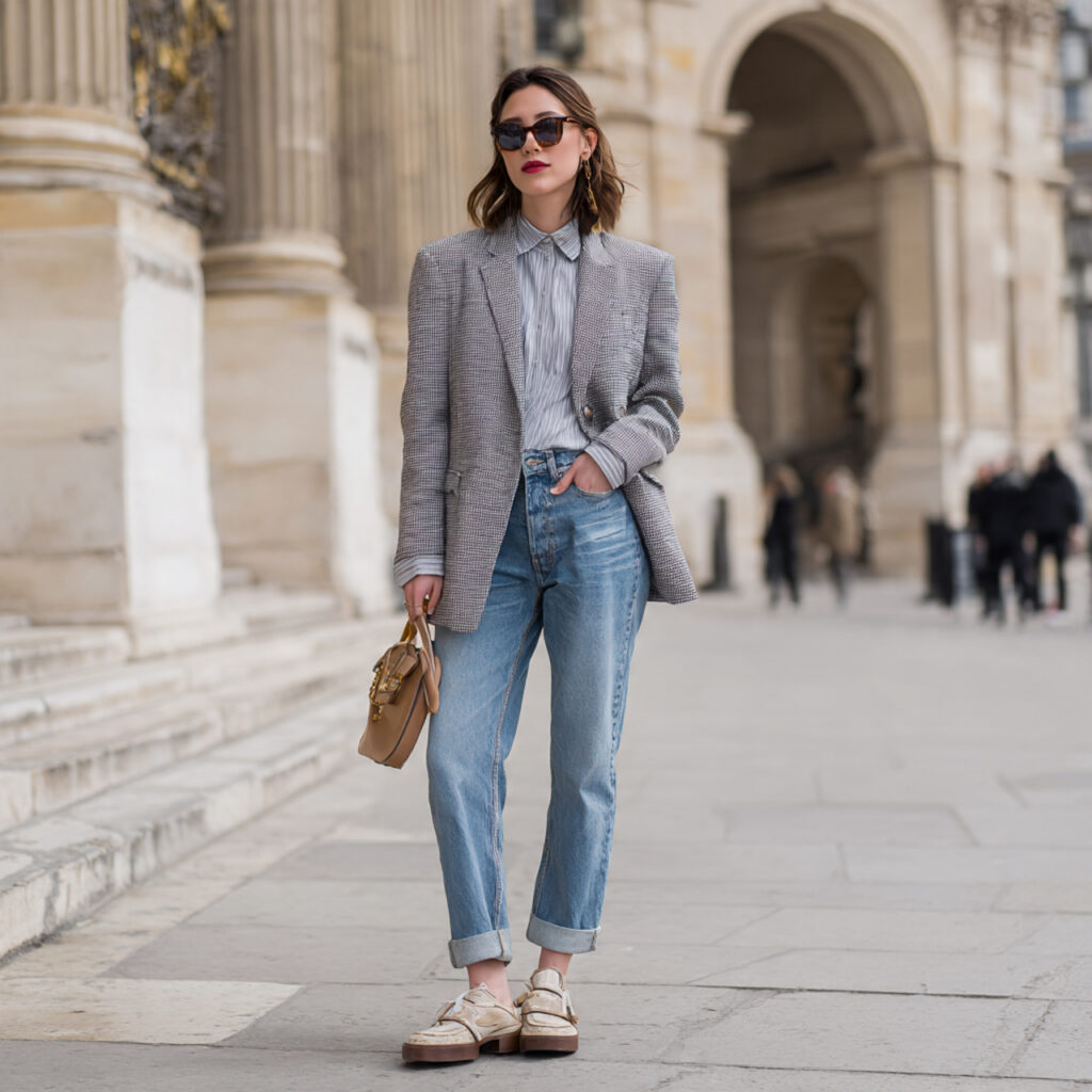 oversized blazer straight leg jeans outfits for wo