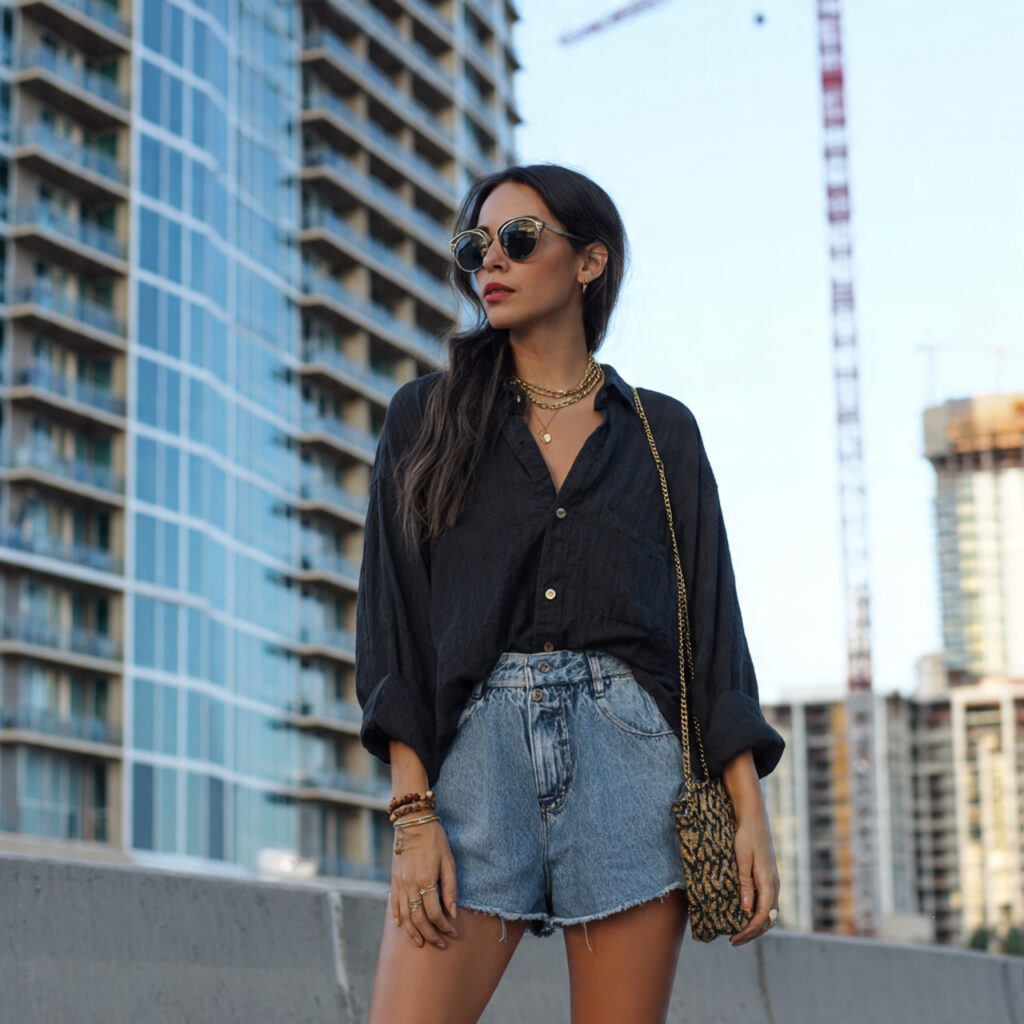15 Concert Outfit Ideas That Will Make You the Best-Dressed Person in the Crowd 13 oversized button up denim shorts for concert outfi