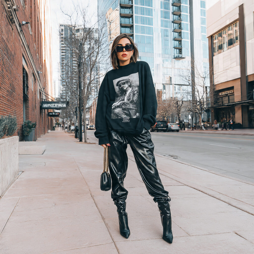 15 Concert Outfit Ideas That Will Make You the Best-Dressed Person in the Crowd 9 oversized graphic sweatshirt leather pants for con