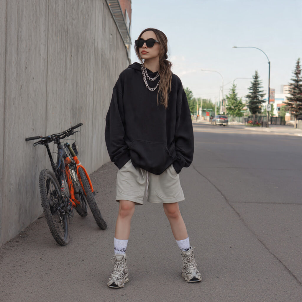 15 Concert Outfit Ideas That Will Make You the Best-Dressed Person in the Crowd 4 oversized hoodie biker shorts for concert outfit