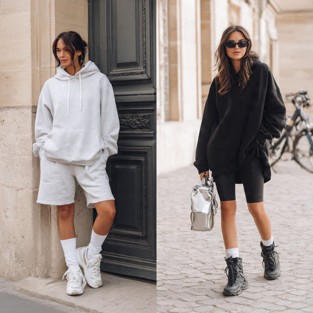 oversized hoodie biker shorts outfits for women