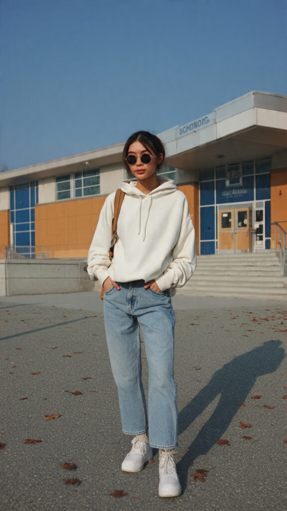 14 Outfit Ideas for School That Make Getting Dressed at 7 AM Way Easier (and Actually Stylish) 1 oversized hoodie straight leg jeans for school out