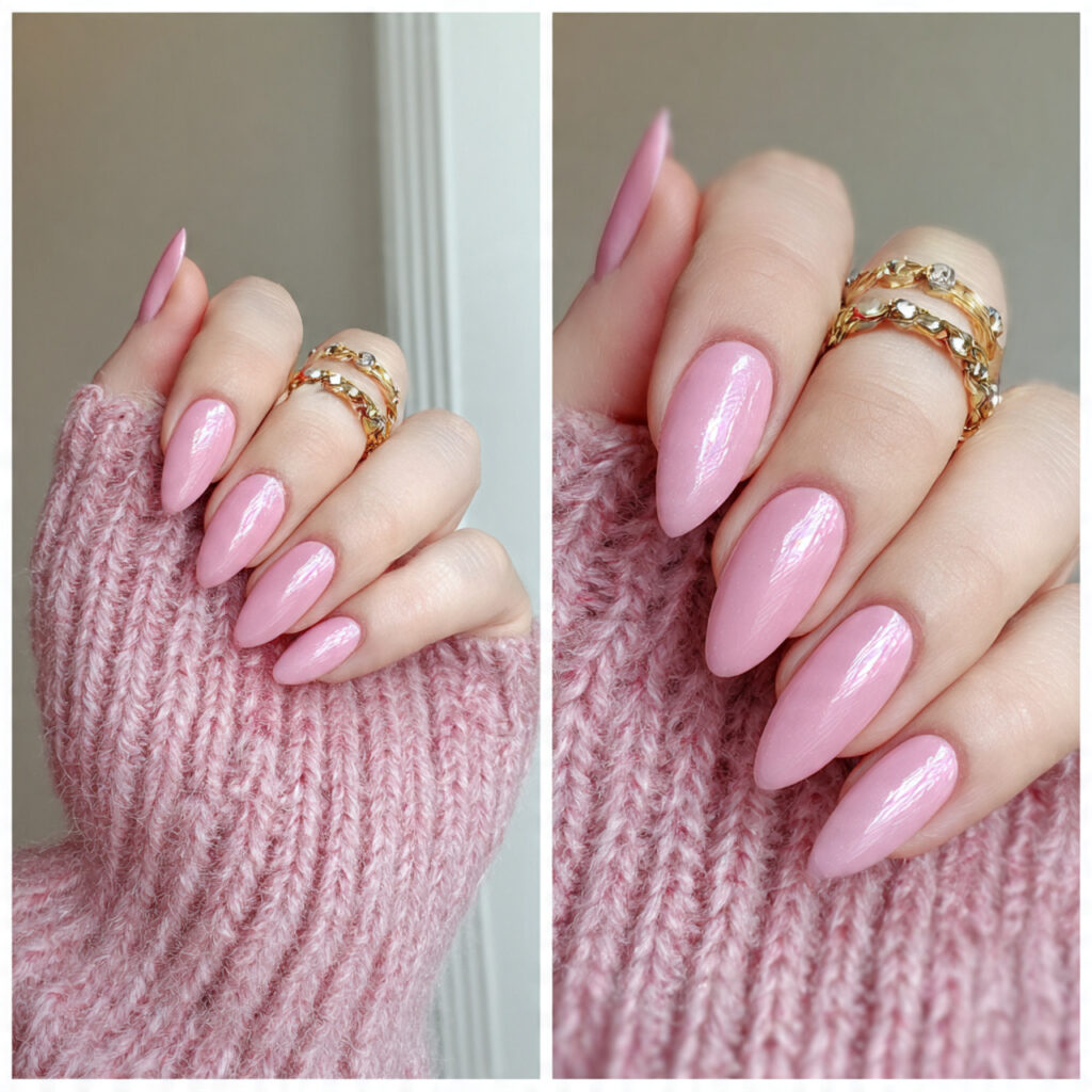15 Almond Acrylic Nails That Instantly Elevate Your Style (And the Outfits That Look Amazing With Them) 4 pink almond acrylic nails soft girly outfit