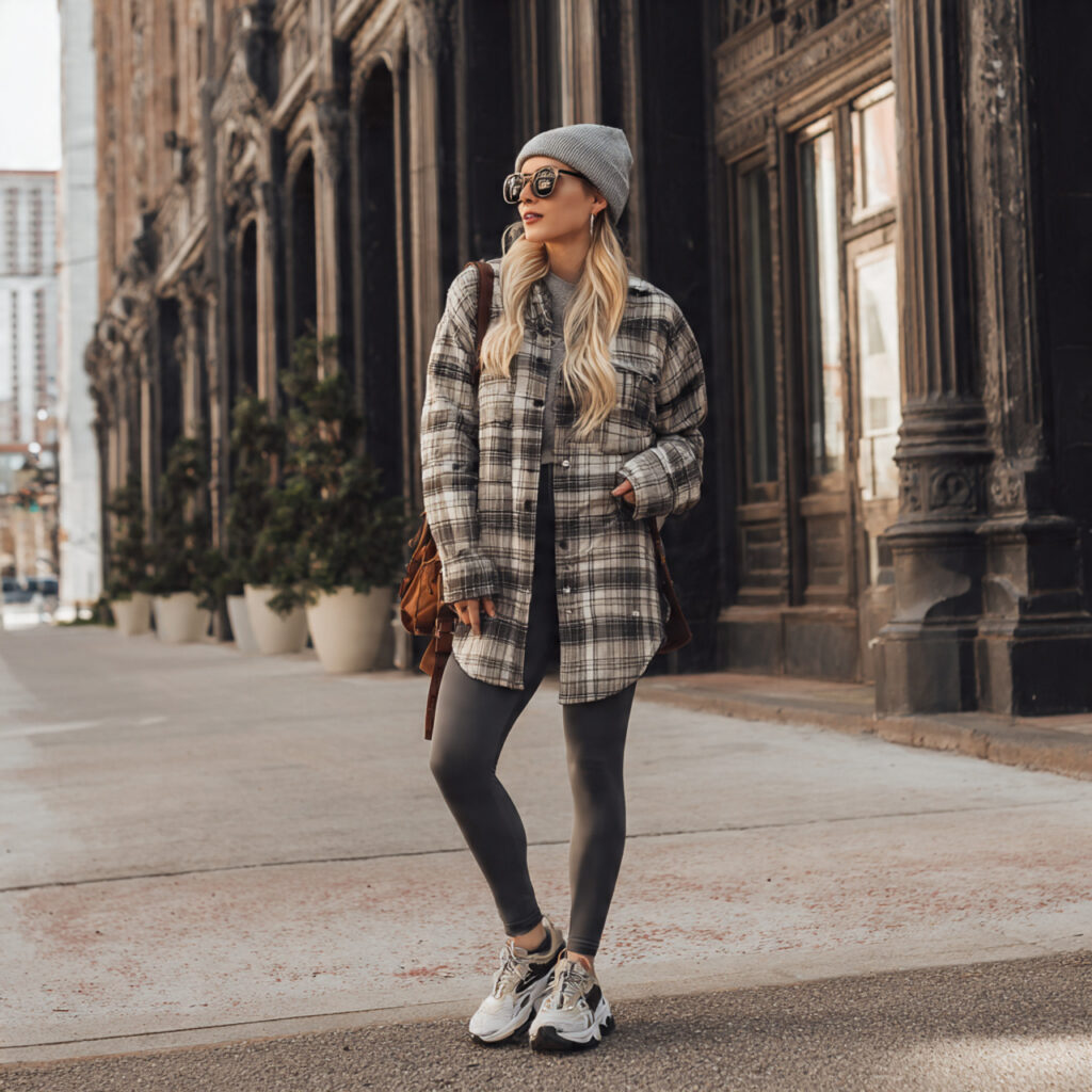 plaid shacket leggings chunky sneakers