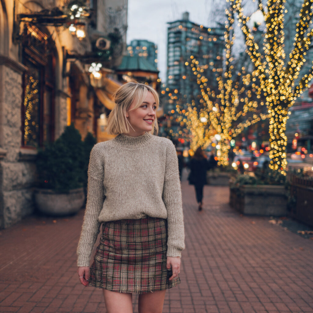 plaid skirt cozy knit for christmas outfit