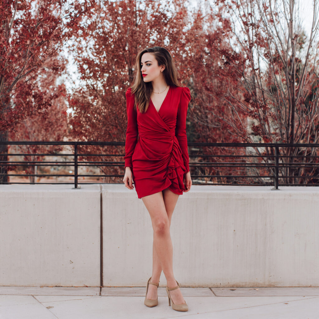red dress neutral heels for christmas outfit