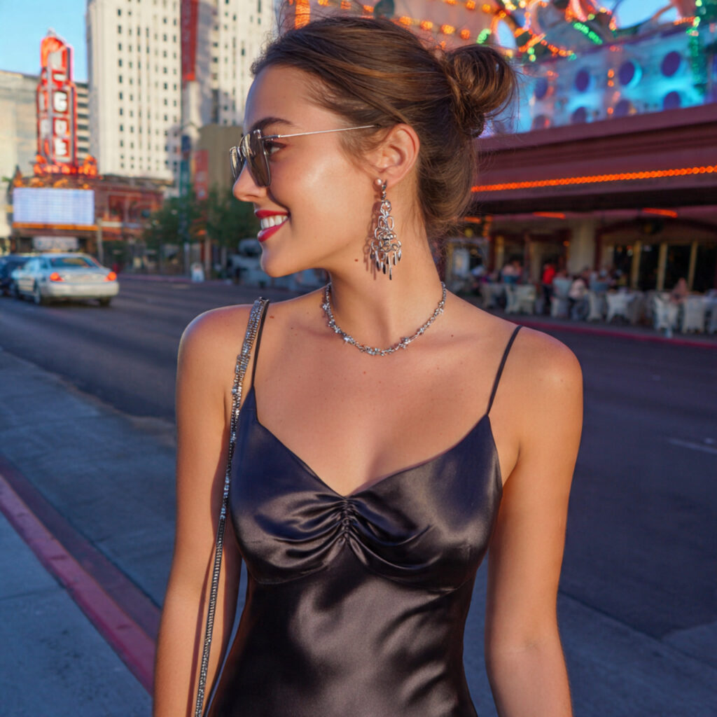 satin slip dress statement earrings for vegas outf