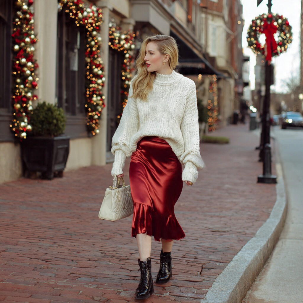 satin slip skirt chunky sweater for christmas outf