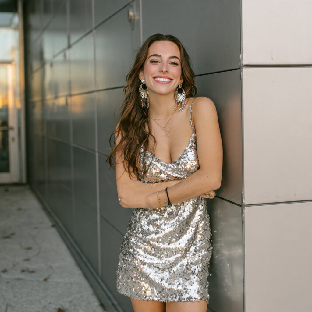 14 Birthday Outfit Ideas for Women That Will Make You Feel Like the Main Character 3 sequin mini dress statement earrings for birthday