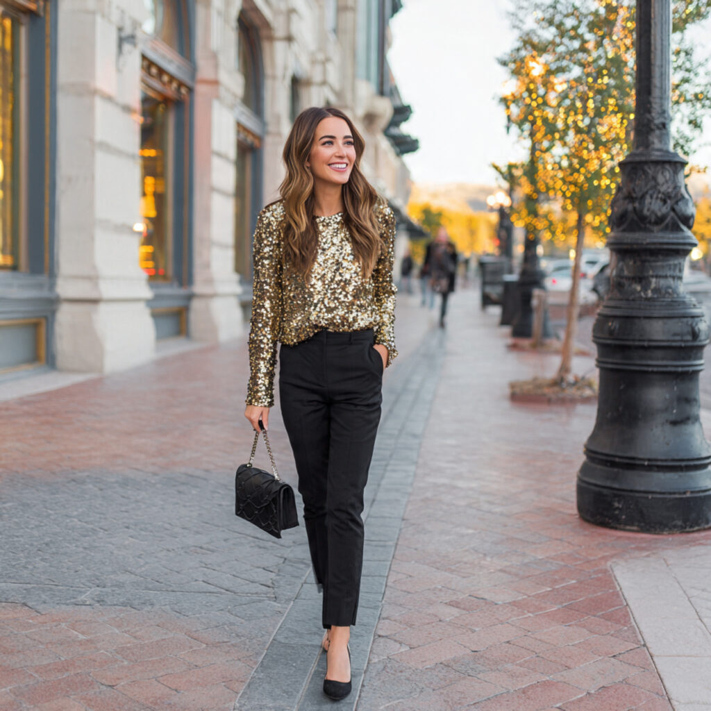 12 Girls Night Out Outfit Ideas That Will Instantly Make You the Best-Dressed in the Group 9 sequin top black pants for girls night out outfit