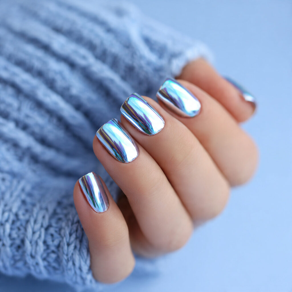 14 Short Acrylic Nails That Look Chic, Stylish, and Totally Wearable Right Now 7 short acrylic nails with chrome finish