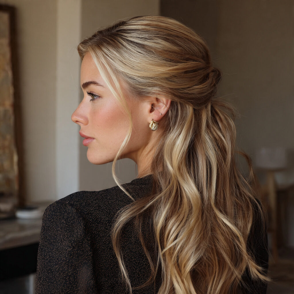 slick back half up hairstyle for women