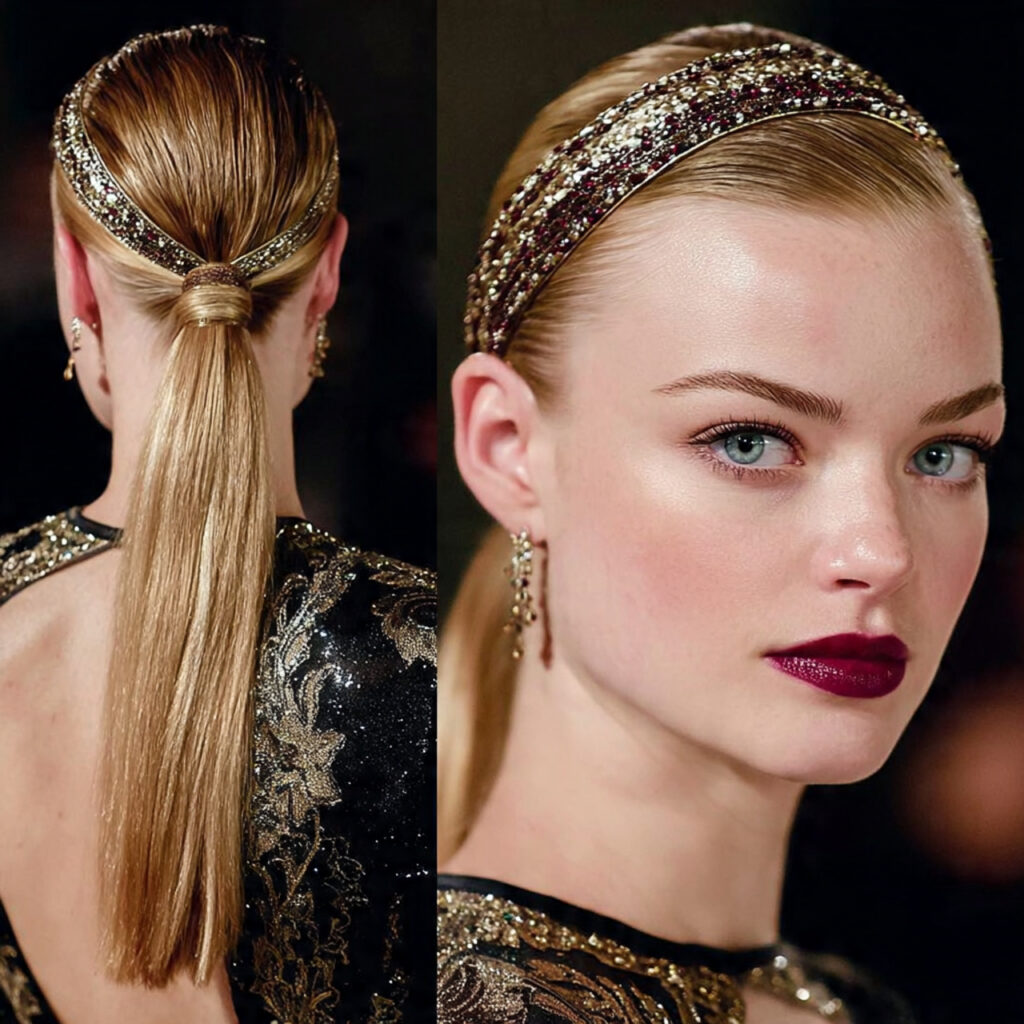 slicked back hair with a headband