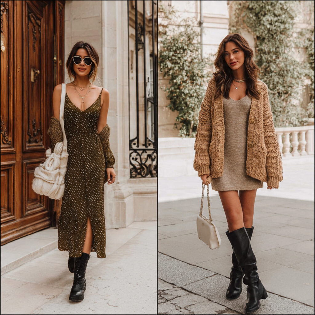slip dress chunky cardigan outfits for women