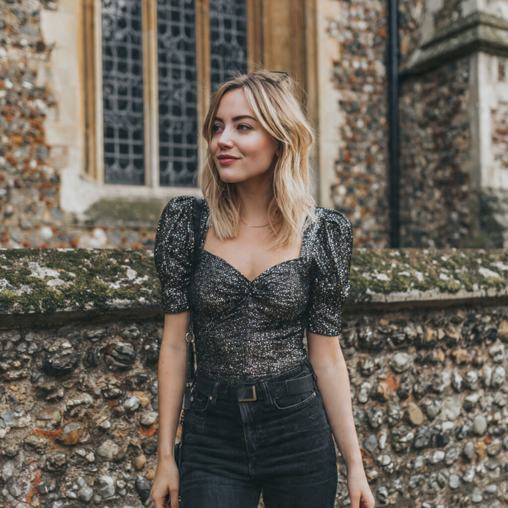 15 Concert Outfit Ideas That Will Make You the Best-Dressed Person in the Crowd 6 sparkly top black jeans for concert outfit