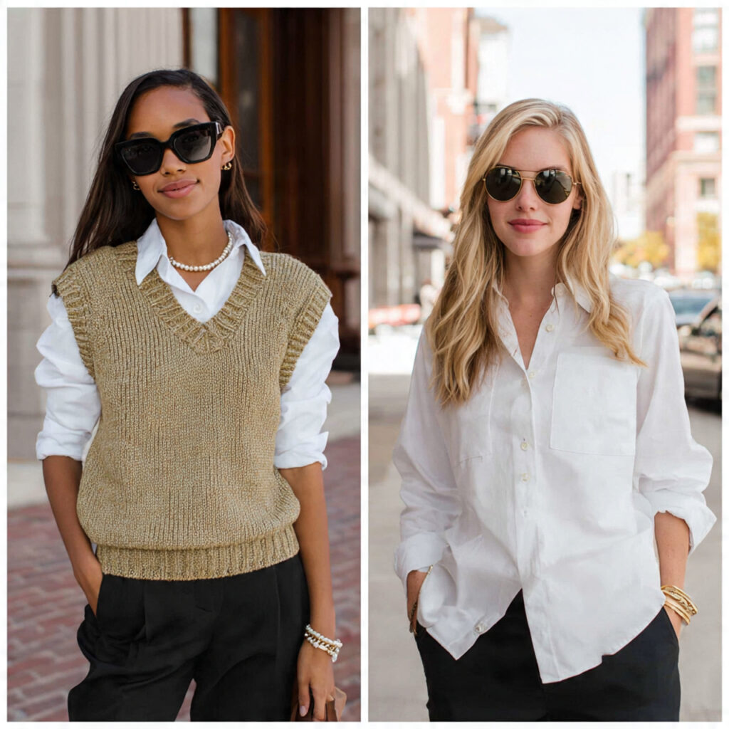 sweater vest button down shirt outfits for women