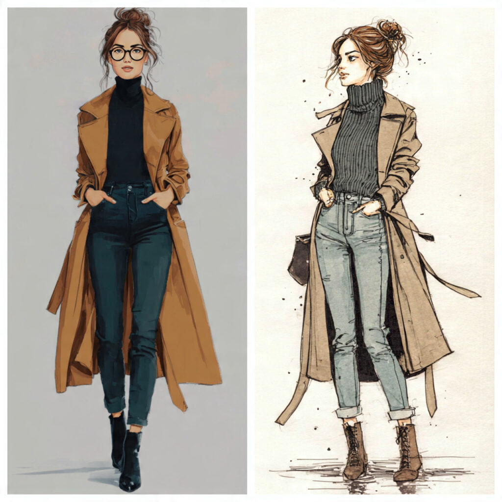 trench coat sweater jeans for womens