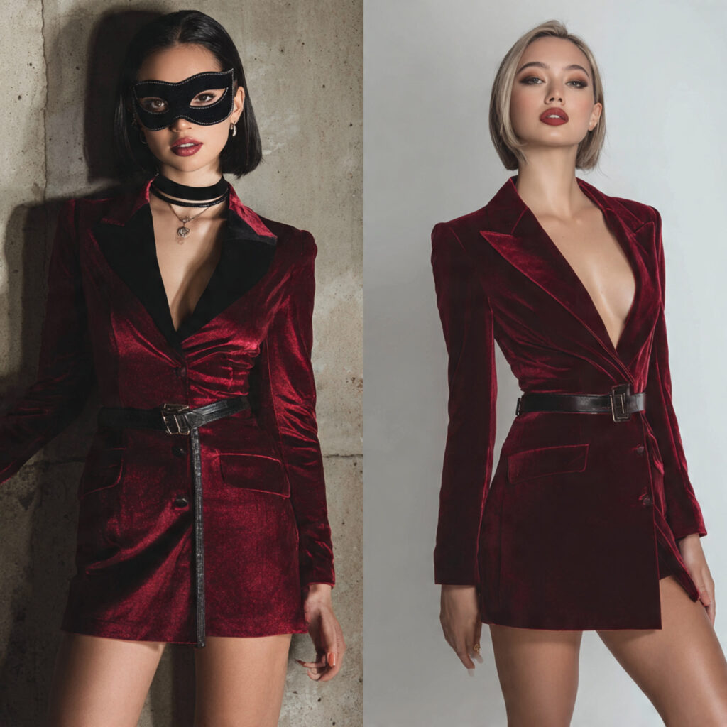 15 Masquerade Outfit Ideas That Will Make You the Most Mysterious (and Stylish) Person at the Ball 11 velvet blazer dress sleek mask