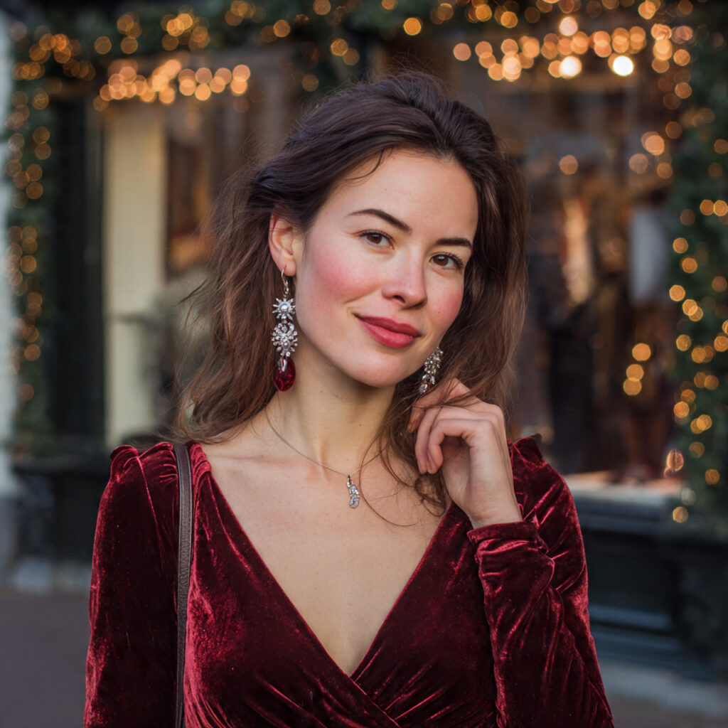 velvet dress statement earrings for christmas outf