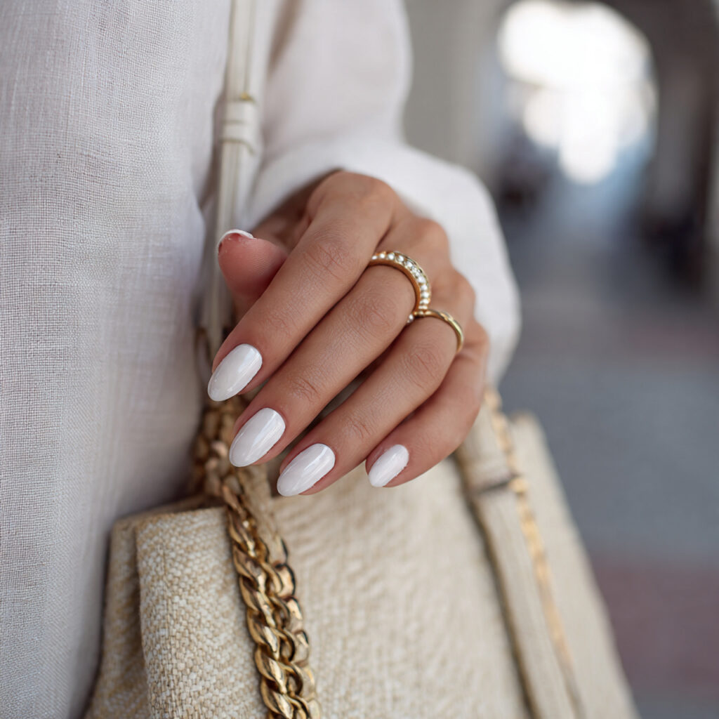 15 Almond Acrylic Nails That Instantly Elevate Your Style (And the Outfits That Look Amazing With Them) 7 white almond acrylic nails summer linen outfit