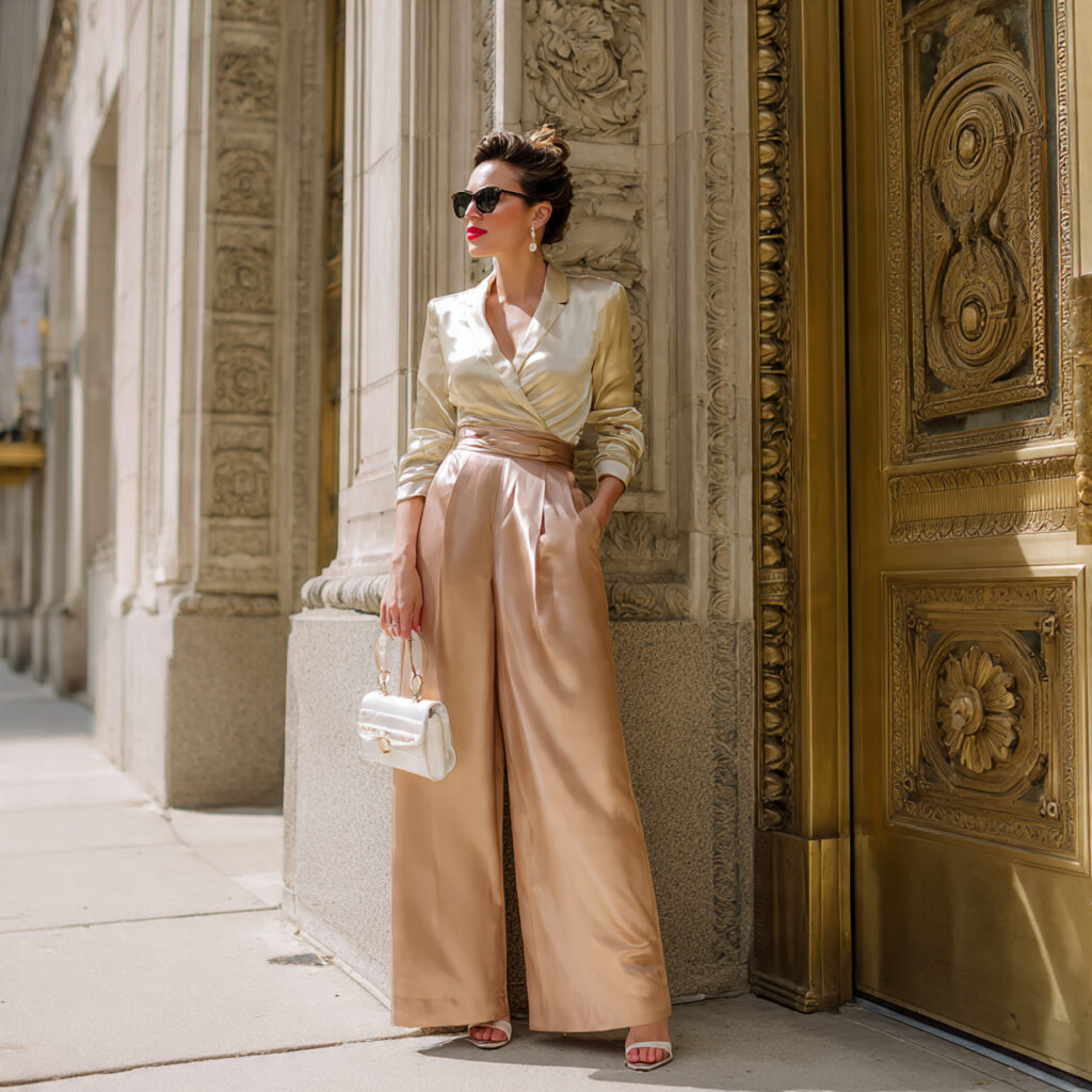 13 Graduation Outfit Ideas That Will Make You Look Main Character-Level Chic 5 wide leg pants satin blouse for graduation outfit