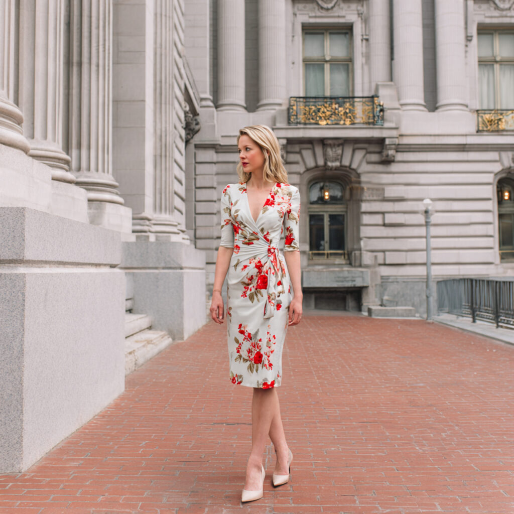 13 Graduation Outfit Ideas That Will Make You Look Main Character-Level Chic 14 wrap dress classic pumps for graduation outfit