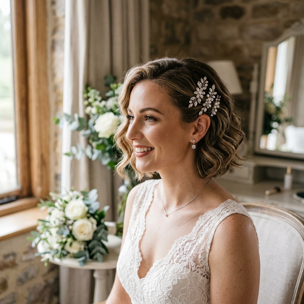 Curled Bob with Crystal Hair Clips