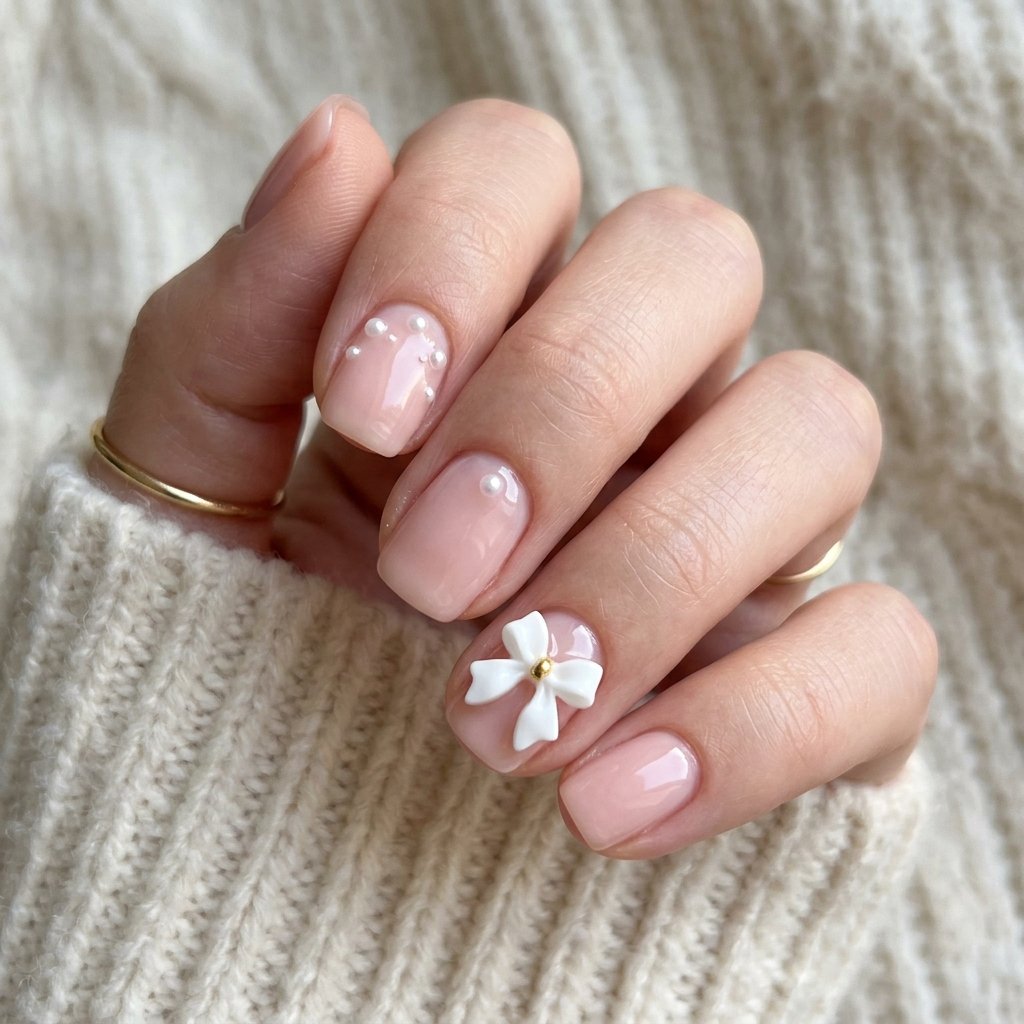 15 Short Nail Art Ideas That Prove Tiny Nails Can Steal the Whole Show 16 3D Bow or Pearl Nail Art