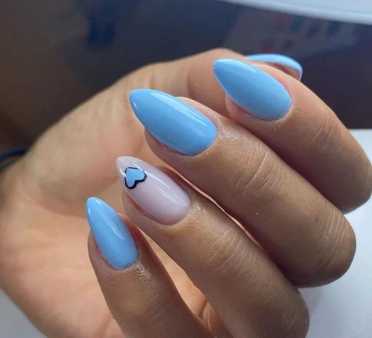 Baby Blue Nails with White Hearts
