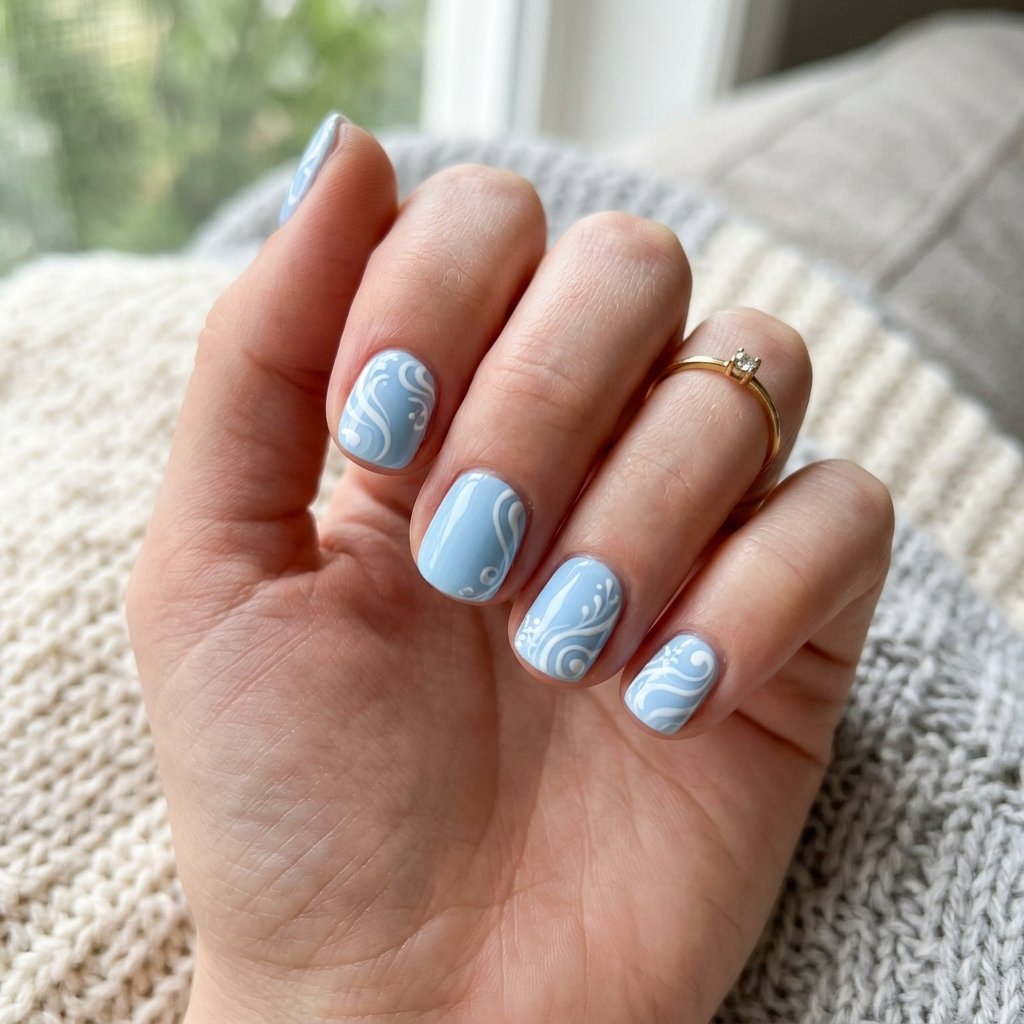 17 Very Short Nails That Prove Tiny Tips Are Totally Having a Moment 13 Baby Blue with White Swirls