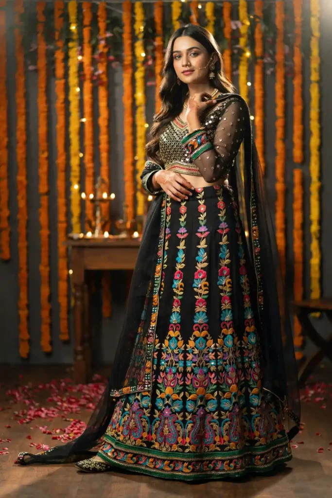 Black Mehndi Outfit With Colorful Embroidery